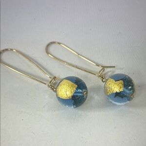 14K  Blue Globe Ball Drop Earrings with Gold Leaf Accent